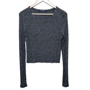 Brandy Melville Women's Ribbed Heather Grey Crewneck Long Sleeve Cropped Sweater